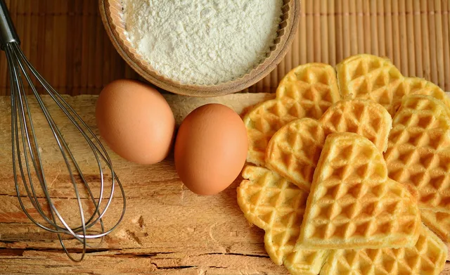 waffles, eggs, flour, whisk, wire whisk, baking ingredients, ingredients, food preparation, food, flat lay, composition, food phootgraphy, heart waffles, heart shape, raw eggs, waffles, eggs, food, food, food, food, food. Meal prep site selection by delivery radius and cold chain