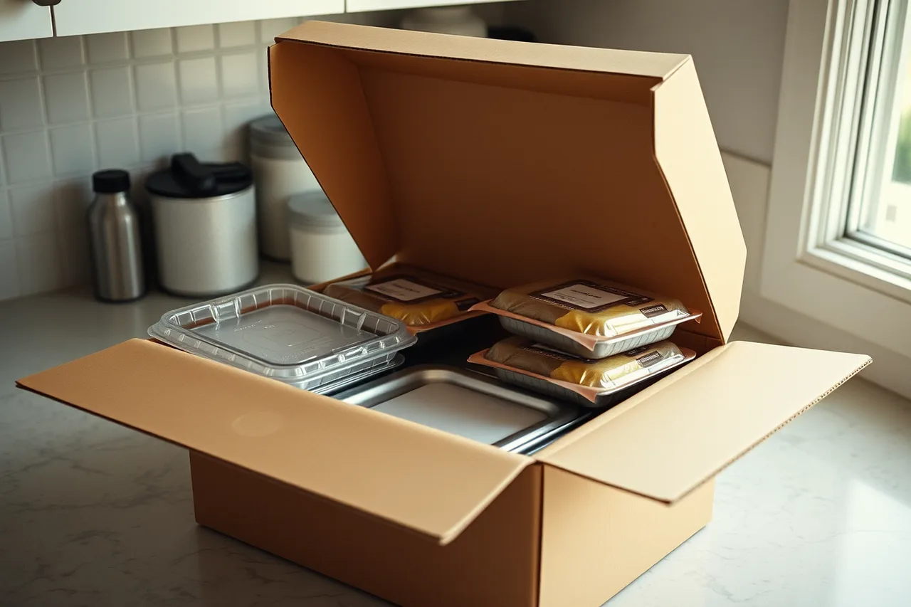 Opened meal prep box with sealed trays, label, and ice pack (Meal prep companies: what to keep and what to drop)
