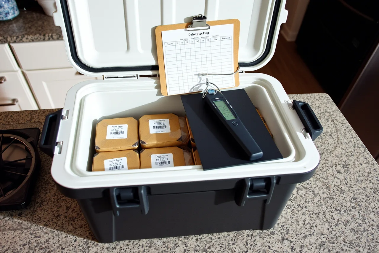 Insulated cooler with meal boxes and temperature log (Meal prep expansion compared with what actually happens)