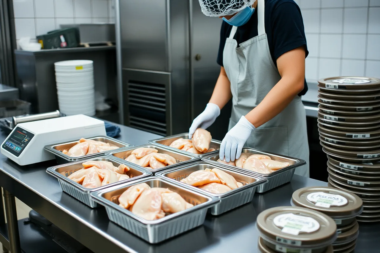 Prep cook portioning raw chicken into meal prep trays on stainless steel counter (Meal prep hiring and training for owners in 2027)