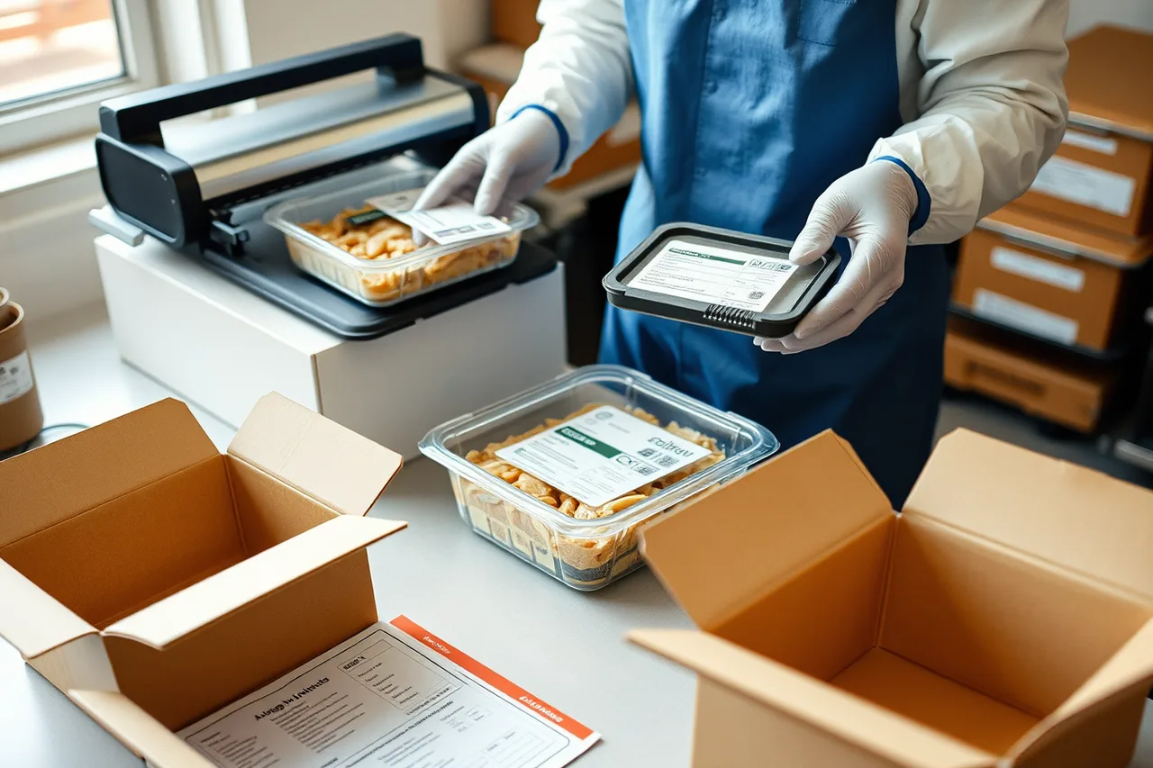 Packer sealing meal prep containers and applying allergen labels at packing station (Meal prep hiring and training for owners in 2027)