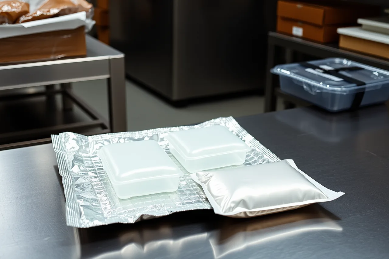 Open insulated meal prep box with gel packs and foil liner (Miami cold chain packaging for meal prep subscriptions in year-round heat)