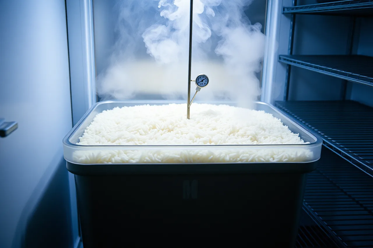 Large batch of cooked rice cooling in a walk-in refrigerator with thermometer (How New York City health rules shape meal prep kitchen economics)