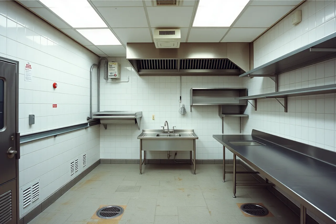 Commercial commissary kitchen with three-compartment sink and floor drains (How New York City health rules shape meal prep kitchen economics)