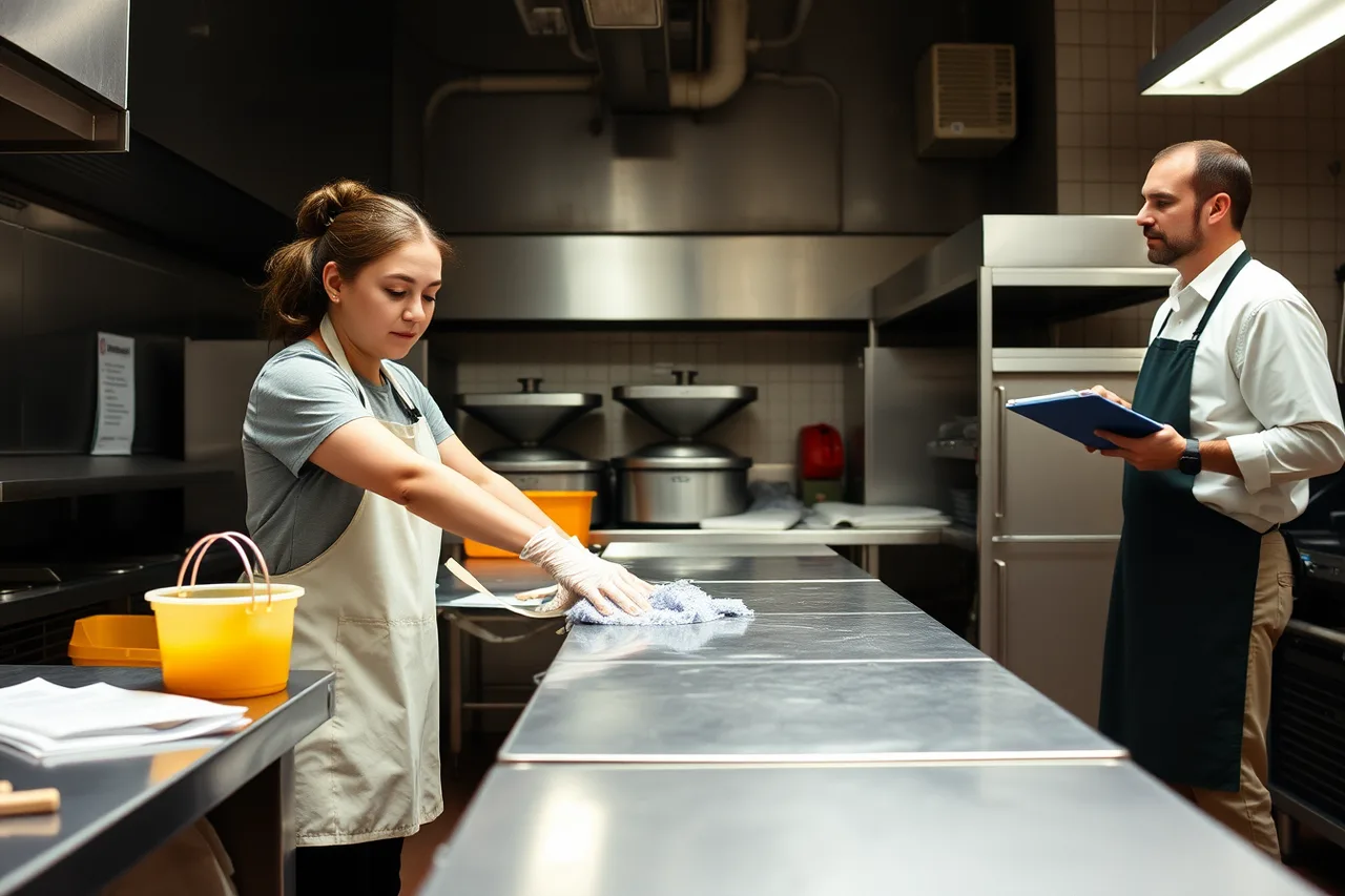 Worker cleaning a stainless prep station between peanut and tree-nut runs (Training a new meal prep business employee: the checklist)