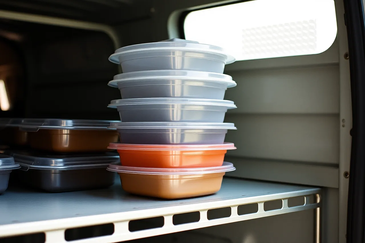 Nested meal prep containers stacked on a delivery van shelf (What US meal prep operators can learn from Canadian subscription models)